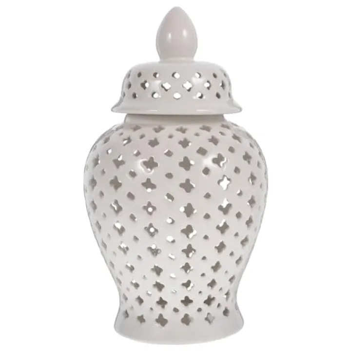 HOMSFOU 4 Inch White Ceramic Hollow Out Ginger Jar Floral Storage Vase Decorative Home Tabletop Ornament for Wedding Party