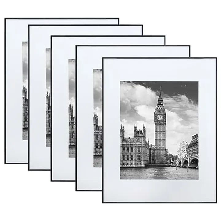 GOmaize Front Loading Black Picture Frame Set of 5,Display pictures 8x10 with mat or 11x14 without mat,Wall and Table Mounting