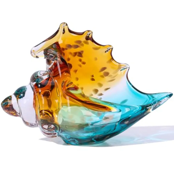 Sea Glass Art Figurines Hand Blown Conch Shell Sculpture, Green Sea Glass Decor Creative Conch Seashell Statue - For Coastal Room Decor Knick Knacks Home Decor Kitchen Decorations Above Cabinets