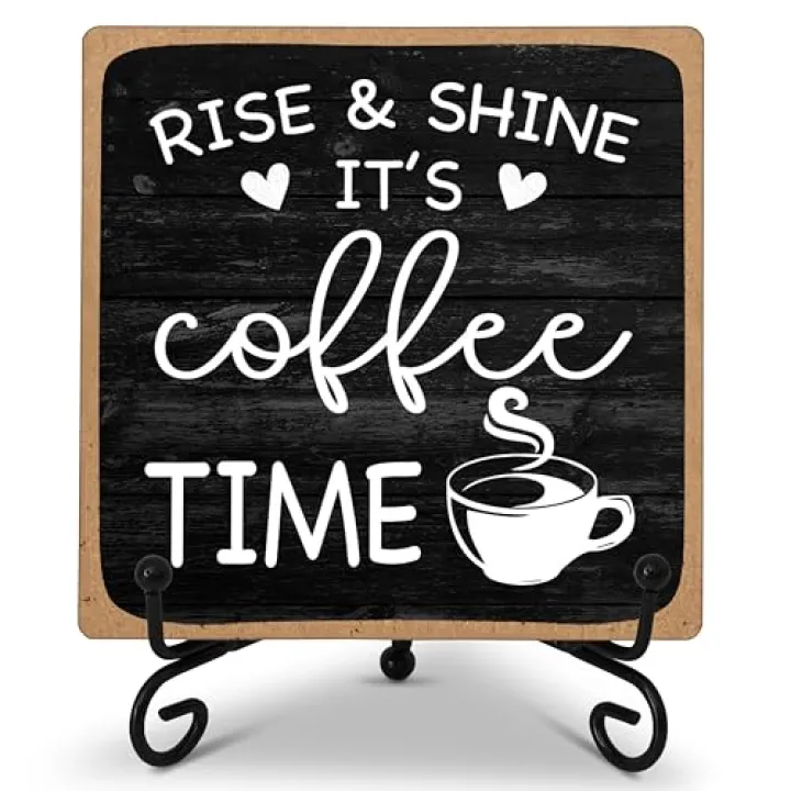 Farmhouse Coffee Bar Sign, Rise & Shine It's Coffee Time, 5"x5" Wood Plaque with Stand Gift for Home Kitchen Tabletop Decor -B09