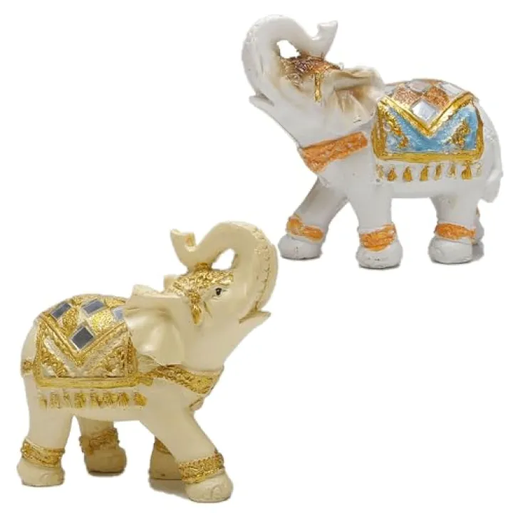 Wisifayardin Set of 2 Elephant Statues and Figurines - Lucky Wealth Elephant Gifts for Home Decor - Statue with Trunk Up - 3.9" L x 3.9" H