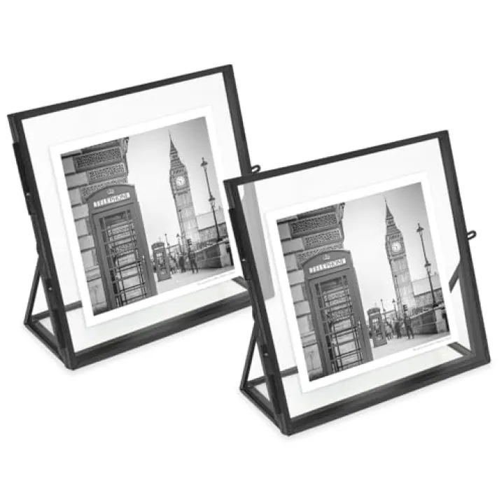 Isaac Jacobs 4x4, Black, Vintage Style Brass and Glass, Floating Photo Frame, Metal, (Vertical), with Locket Closure and Angled Base, for Pictures, Art, Mementos, Keepsakes, 2 Pack (4x4, Black)
