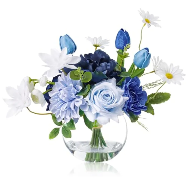 WELL KNOWN Artificial Flowers with Vase Silk Flower Arrangements in Round Bowl Vase with Faux Water for Home Table Decoration (Mixed Blue)
