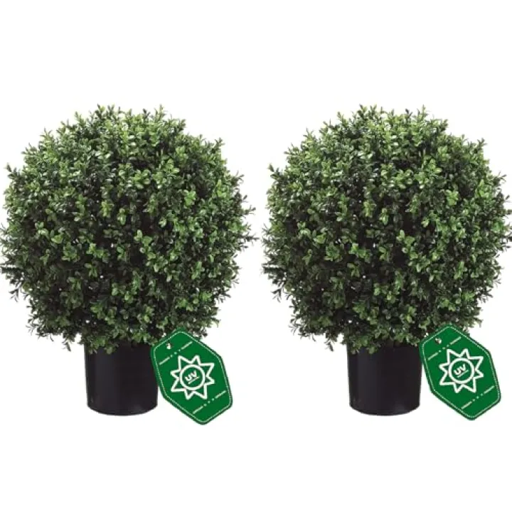 QAOUIEP 26" T x 17.5" D Artificial Boxwood Trees Set of 2 UV-Resistant Real-Touch Artificial Topiary for Front Porch and Home Décor