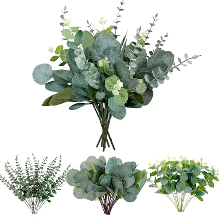 AUMVEYI 60Pcs 3 Kinds Mixed Eucalyptus Stems Artificial Silver Dollar Eucalyptus Leaves Picks, Seeded Faux Greenery Stems Bulk for Centerpieces Wedding Bouquets Floral Arrangement Home Decor