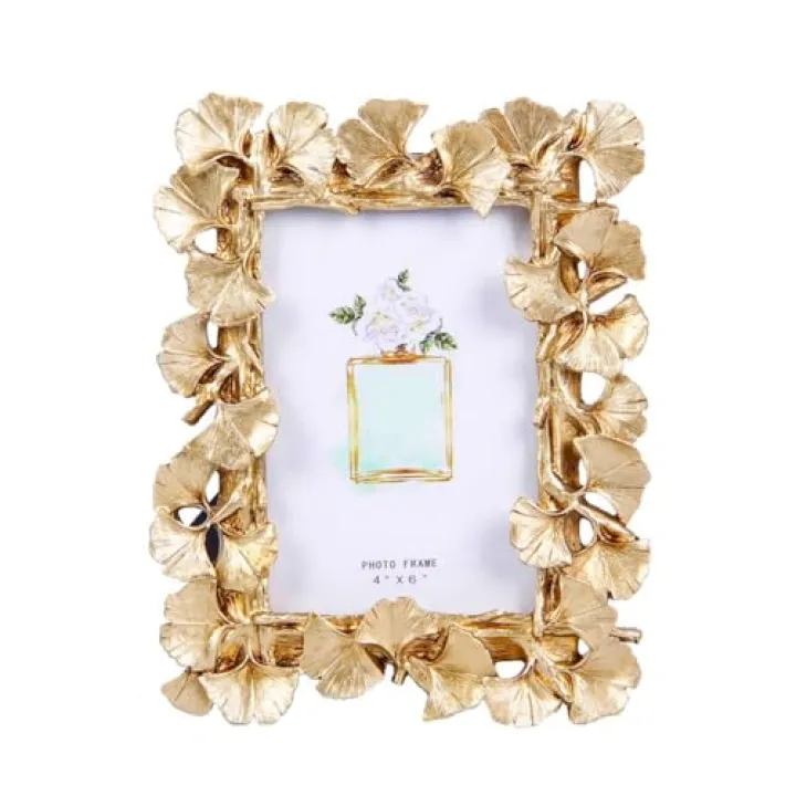 LONG XIN SERIES 1PCS 4X6 Inch Vintage Photo Frame Resin Picture Frame Ginkgo Leaves Decoration Photo Frame Stand Holder (Golden)
