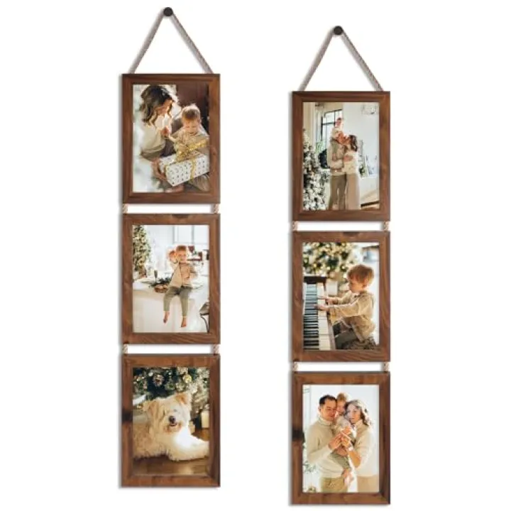 QUTREY 5x7 Collage Picture Frames, 6 Openings Hanging Photo Frame Set Display Vertical 5 by 7 inch Pictures for Wall Decor, Rustic Walnut Brown, 2 Pack