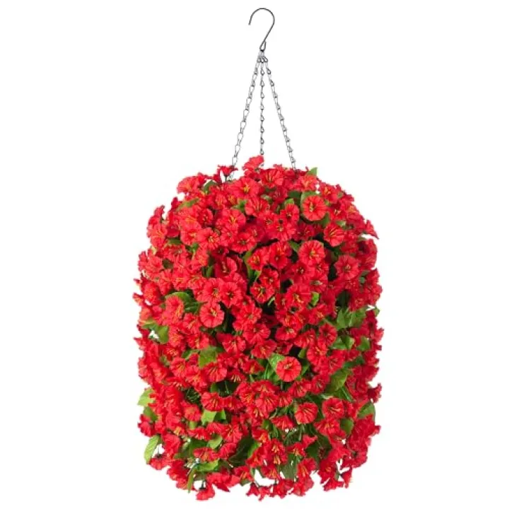 Ammyoo Artificial Faux Hanging Flowers Basket for Spring Summer Outdoor Outside Porch Decoration, Fake Silk Colorful Morning Glory Eucalyptus UV Resistant Look Real for Home Patio Balcony Yard(Red)