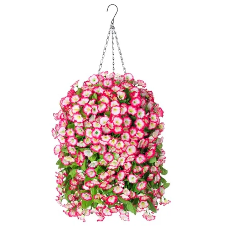 Ammyoo Artificial Faux Hanging Flowers Basket for Spring Summer Outdoor Porch Decor, Fake Silk Colorful Morning Glory Eucalyptus in Planter UV Resistant Look Real for Home Patio Balcony Yard(Pink)