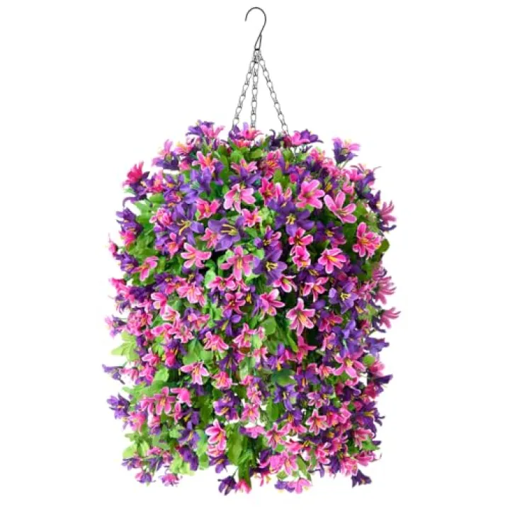 INQCMY Artificial Hanging Flowers Decoration, 4pcs Fake Floral Basket Plants for Outdoor Porch, Faux Shrubs Home Spring Decor UV Resistant Potted Violets for Outside Garden No Fade