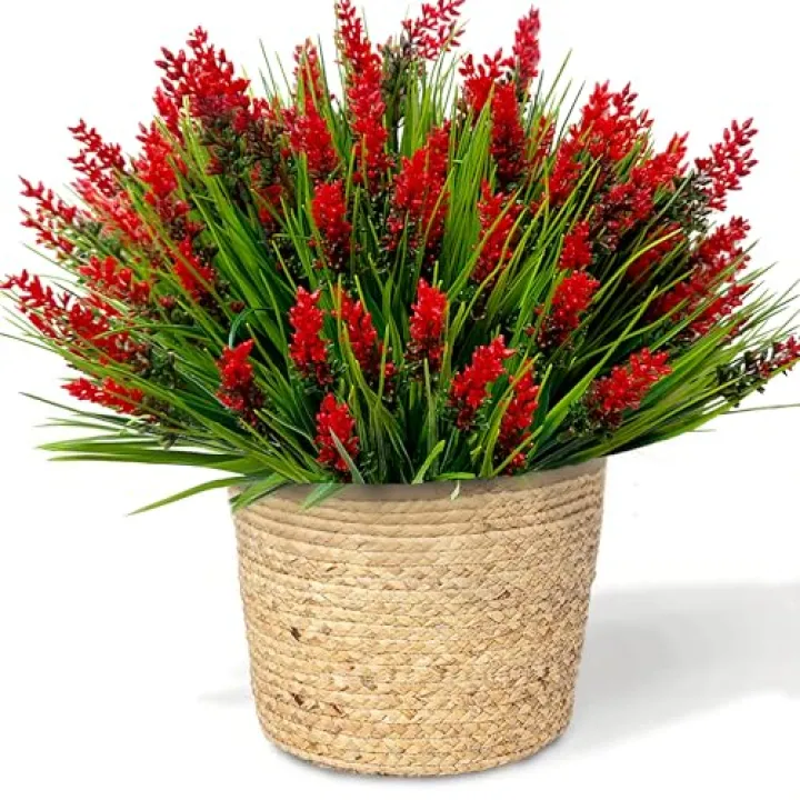 12 Bundles Artificial Plants Outdoor Fake Monkey Grass UV Resistant Faux Plans No Fade Red Fake Flowers Greenery Shrubs for Front Porch Yard Pathway Office winter Spring Décor Outside Indoor (red)