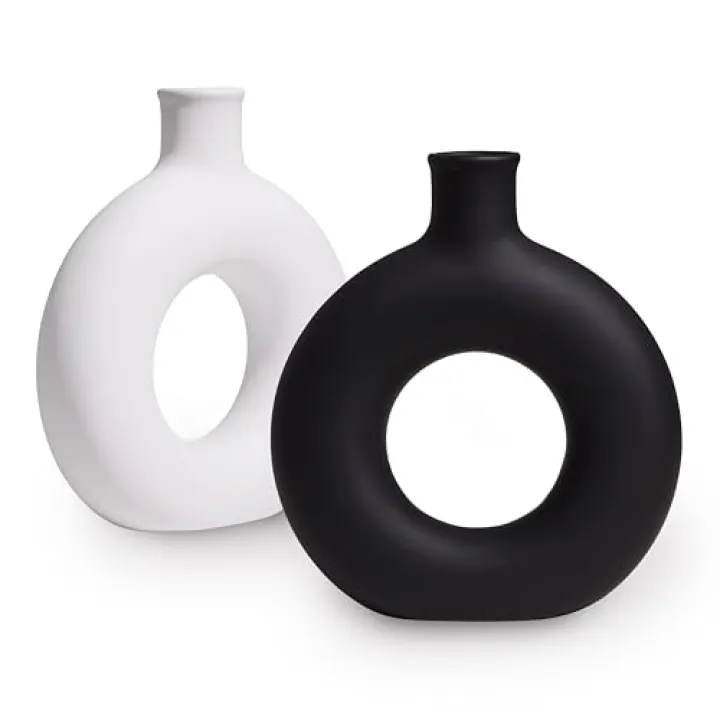 Modern Round Donut Vase Set of 2-8.46” x 2.55” x 9.84” Dolomite Hollow Flower Vases for Home Decor - Cute Vases for Centerpieces, Living Room, Office & Entryway Display (Balck & White)
