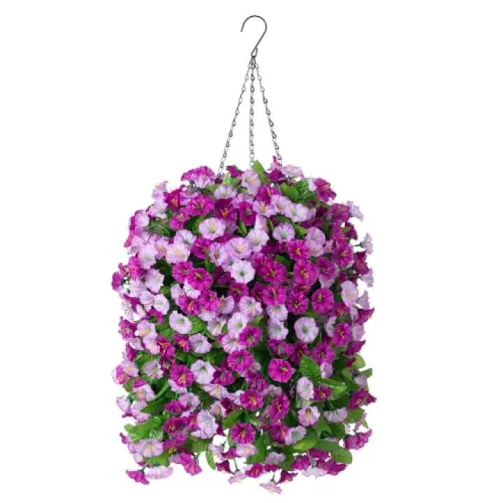 INXUGAO Artificial Flowers with Hanging Basket, Outdoor Faux Plants Silk Morning Glory Vines, Fake Green Arrangement for Garden Patio Spring Summer Decor(Darkorchid)