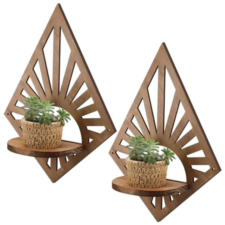 Menkxi 2 Pcs Boho Wall Shelf Mid Century Modern Shelf Wooden Rainbow Floating Shelves Brown Decorative Plant Wall Shelves Natural Vintage Hanging Holder for Nursery Living Room Decor(Diamond)