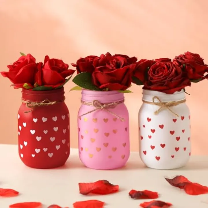 Nitial 3 Pcs Valentines Day Centerpiece for Table Mason Jar Valentines Anniversary Decorations Mason Jars Farmhouse Decoration Painted Decorative Jars for Valentine's Day Home Decoration Gift