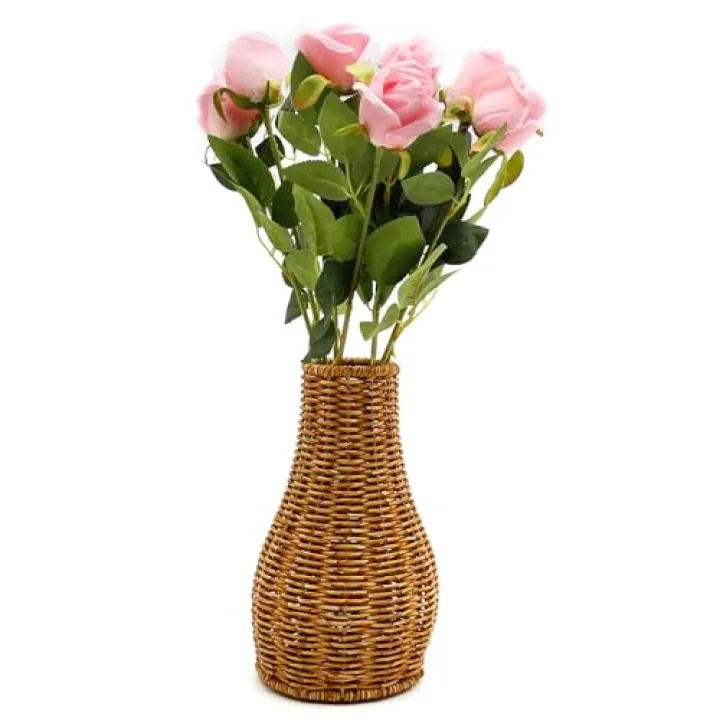 Saihisday Glass Flower Vase with Rattan Cover, Boho Style Flower Vase Planter, Home Plant Holder, Vintage Floral Container Decor for Table Centerpieces Home Party Decor (L: 13.77x7.48 inch)