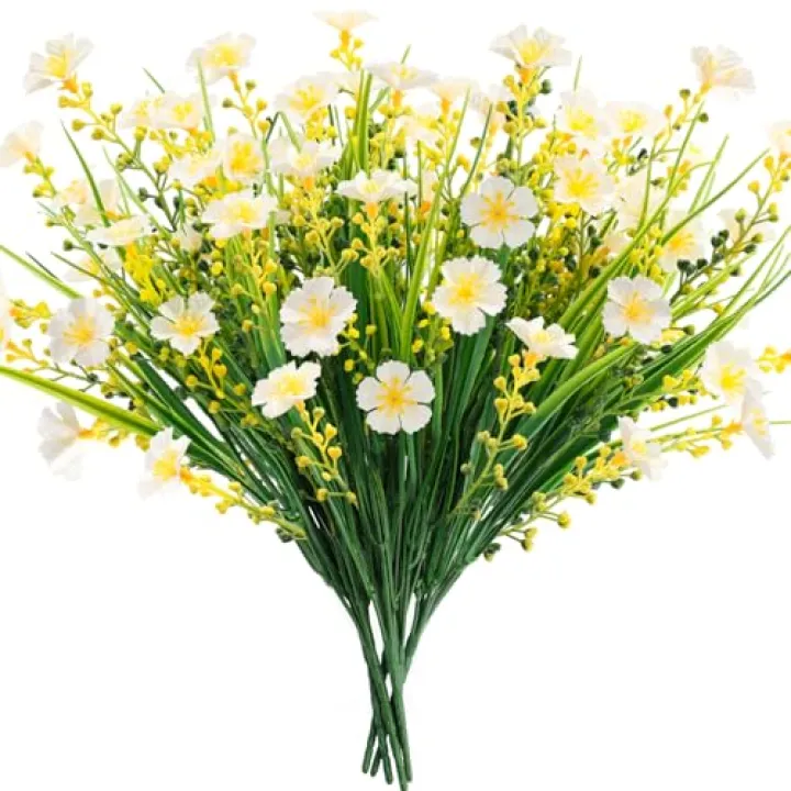 MACTING 6 Bundles Artificial Flowers for Outdoors UV Resistant Fake Flowers No Fade Faux Plastic Outdoor Plants for Indoor Outside Planters Garden Porch Yard Window Home Spring Decorations(White)