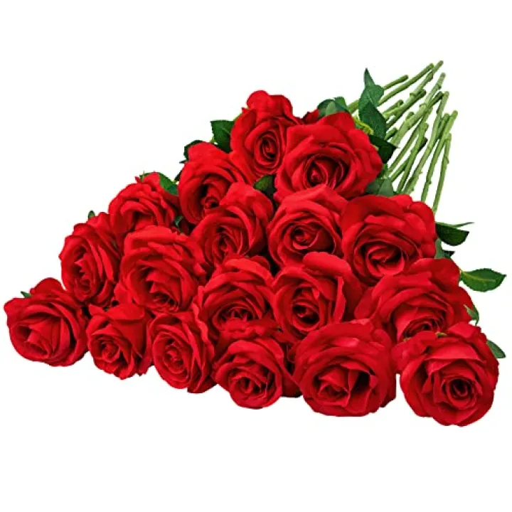 Ouddy Decor 20 Pcs Red Roses Artificial Velvet Silk Flowers Fake Roses Bouquet with Long Stems for Valentines Gifts Wedding Centerpiece Bridal Anniversary DIY Floral Arrangment Home Decor, Red