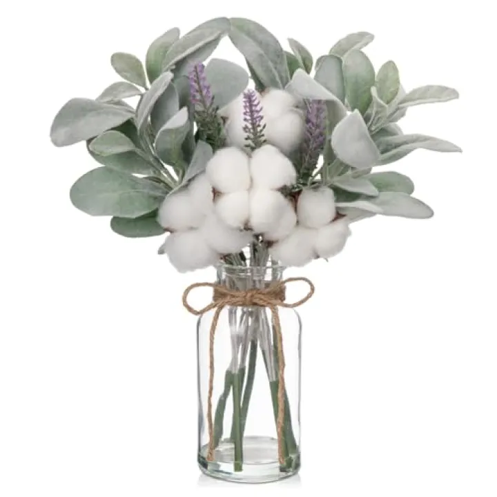 Briful Artificial Lamb's Ear Stems in Glass Vase with Faux Water, 14" Fake Plant Lavender Flower for Home Office Farmhouse Wedding Centerpiece Décor