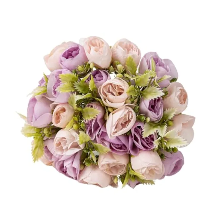 YoungJewl 2Bouquet 14 Heads Artificial Rose Silk Flower Arrangements for Home Bridal Kitchen Wedding Party Festival Decor (Purple)