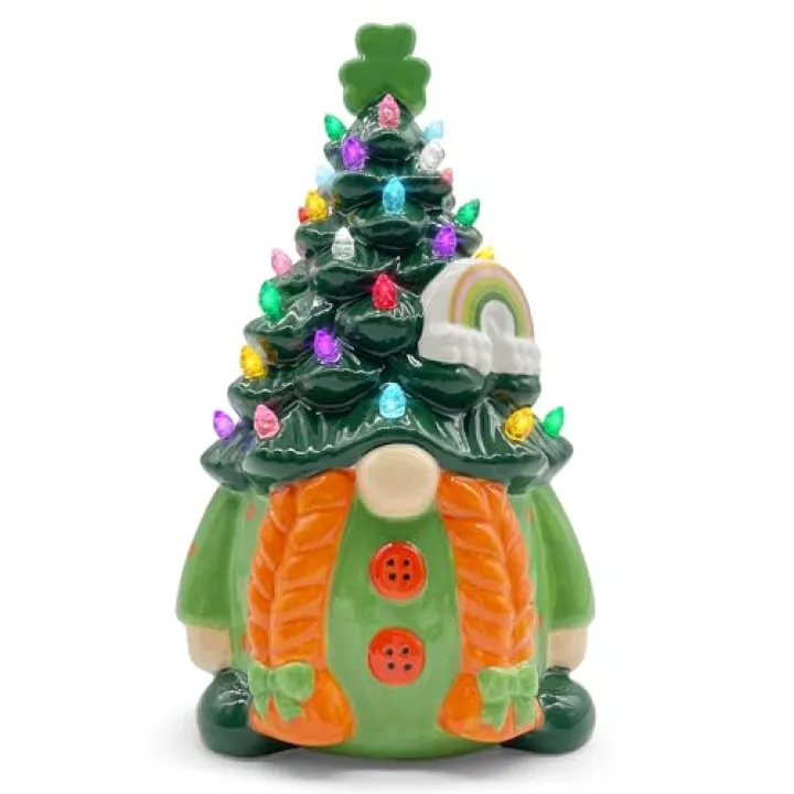Cochpriet St Patricks Day Decorations, St Patricks Day Gnomes Decor, Sant Patrick's Tree Decorations for Indoor Home Table, Gnome Green Ceramic Tree Decor, 8.6''H