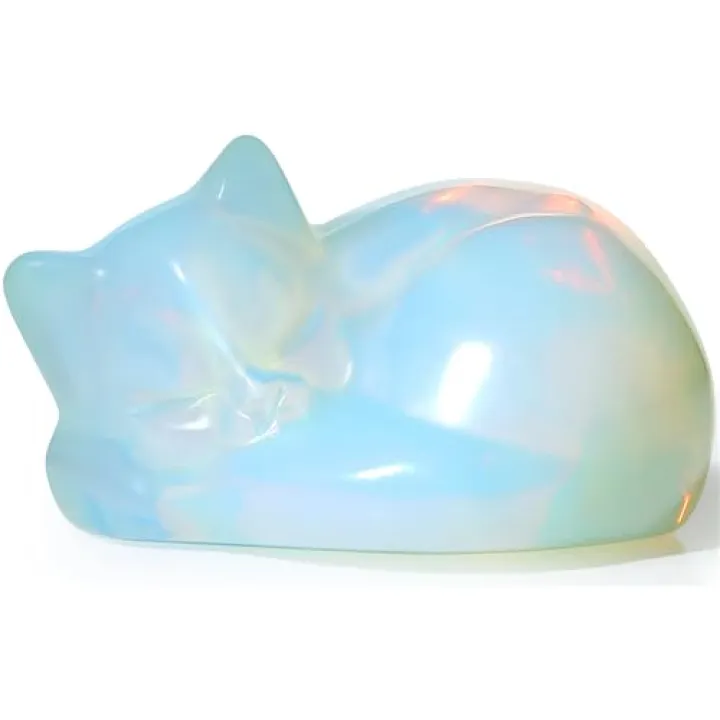 YATOJUZI 2" Cat Decors Statue Opal Moonstones Crystals Opalite Sleeping Cats Gemstone Hand-Carved Cute Animal Figurines Home Office Desk Decor Stocking Stuffers Cat Themed Ornaments Gifts for Women