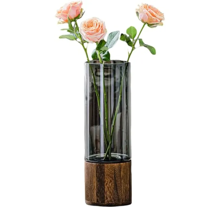 Artistic Wood Glass Vase, 12" H, Large Wooden Base Cylindrical Flower Vase, Classic Boho Rustic Style for Fireplace Bedroom Kitchen Living Room Centerpieces Office Desk