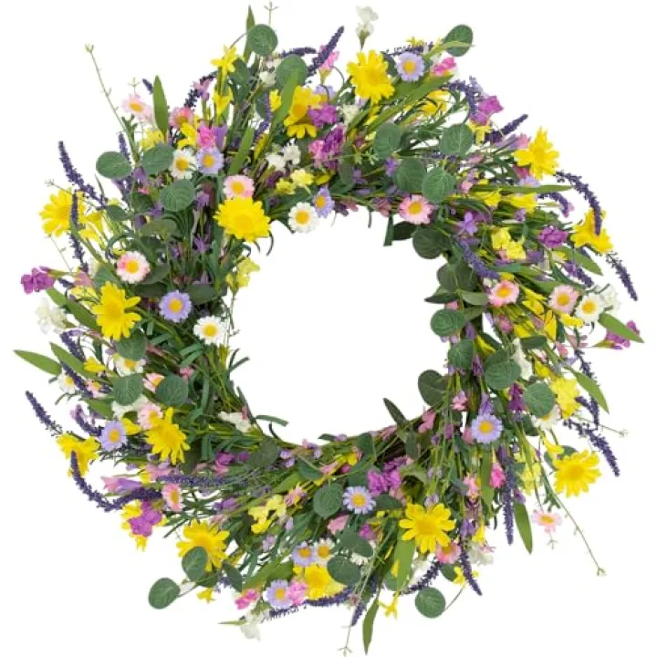 LLZLL Spring Wreath 22" Spring Wreaths for Front Door Artificial Summer Wreath with Eucalyptus Leaf Lavender Daisy for Indoor Outdoor Home Decor Festival Celebrations