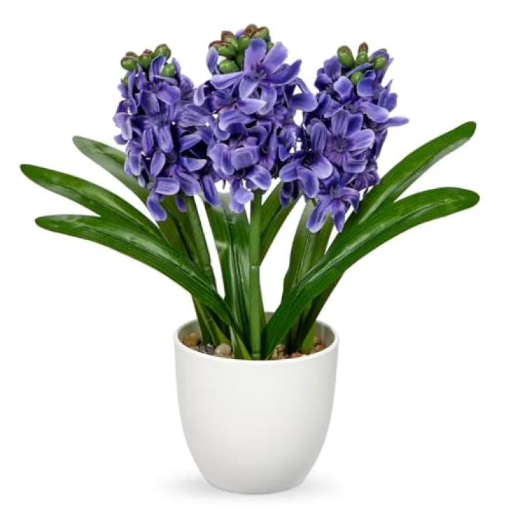 Purple Flowers Artificial Hyacinthus Silk Fake Flowers Arrangement 8.7" Realistic Faux Flowers with Vase Pot Artificial Flowers for Home Kitchen Bathroom Office Table Centerpiece Wedding Decoration