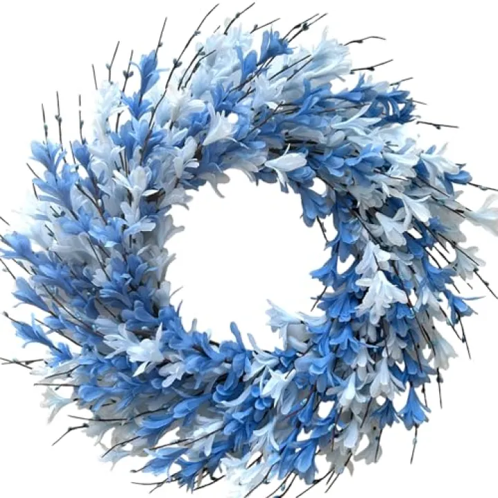 Bibelot 22inch Artificial Forsythia Flower Wreath Spring Summer Fall Wreath Silk Leaves for Front Door Porch Farmhouse Patio Garden Home Decor (Blue)