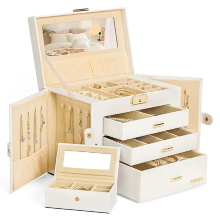 Homde 2 IN 1 Jewelry Box for Women Girls with Small Travel Case Mirror Necklace Ring Earrings Organizer(White + Gold)