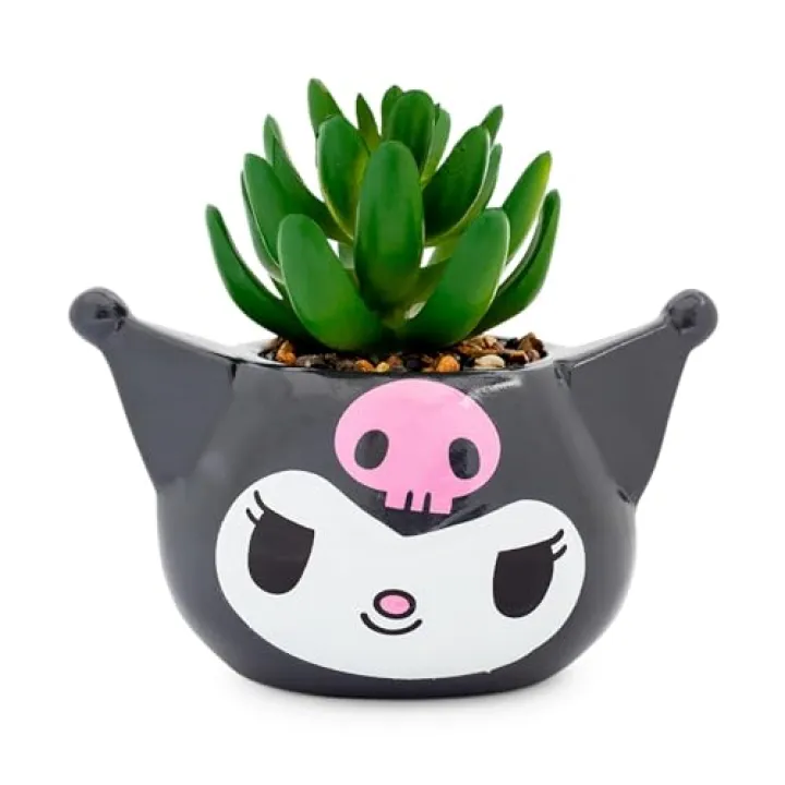 Toynk Sanrio Kuromi Smiling Head 3-Inch Sculpted Ceramic Mini Planter with Artificial Succulent | Cute Flower Pot, Faux Indoor Plants