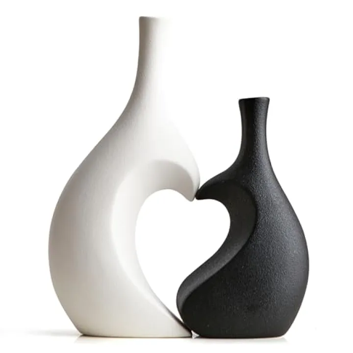 XGZY Unique Heart Shaped Vase: Set of 2 Black and White Heart Shaped Vase for Home Decor Minimalist Modern Decorative Vases for Living Room Dining Room Table Coffee Table Centerpiece Shelf Decoration