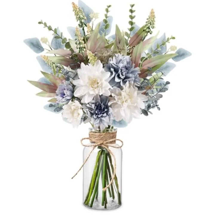 Fake Flowers in Vase Artificial Flowers Coffee Table Decor, Faux Flowers in Vase, Flower Arrangements Artificial Plants Silk Flowers for Home Decor Indoor Centerpiece Table Decorations (Blue White)