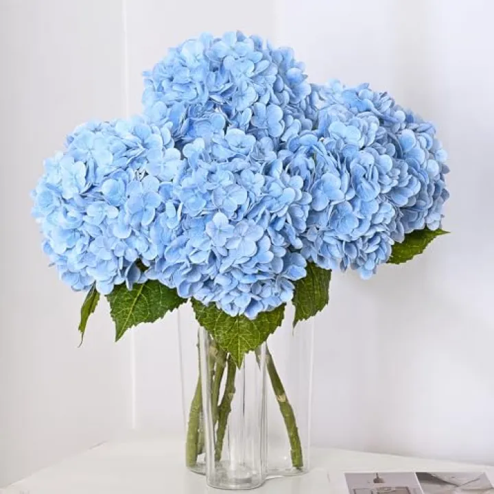 MARTINE MALL 3Pcs 21in Hydrangea Artificial Flowers, Latex Real Touch Hydrangeas Lifelike Large Hydrangea Flowers for Home Decor Party Arrangements Wedding Bouquets Centerpieces (Blue)