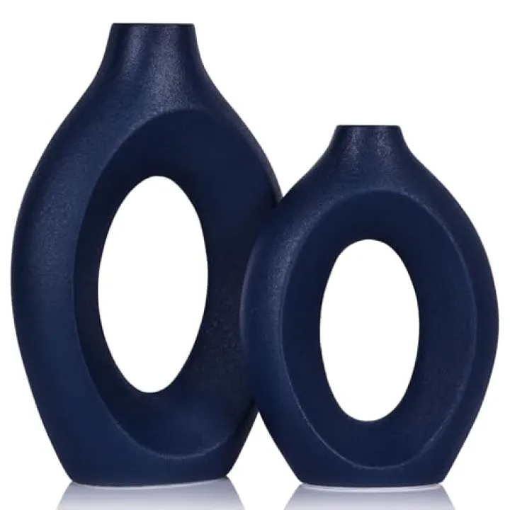 Blue Ceramic Vase Set of 2, Boho ins Style Navy Blue Vase, Nordic Modern Decorative Pampas Grass Flower Vase for Home Decor, Living Room, Centerpieces, Kitchen, Bedroom, Dining Table and Office Decor