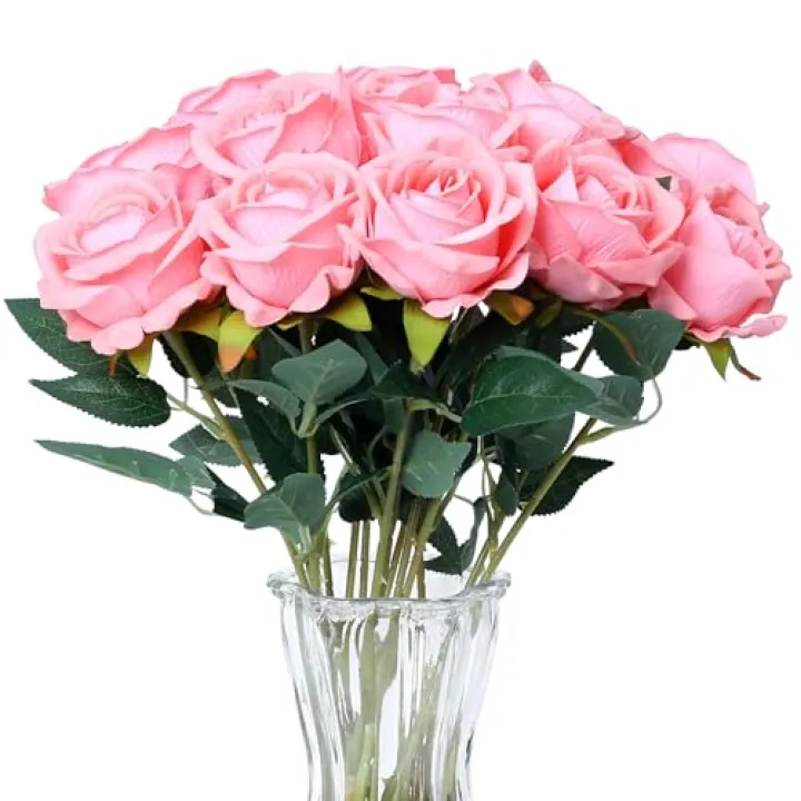 SITUMEIZI 15PCS Pink Artificial Roses Silk Flowers Fake Roses Realistic Bouquet Long Stem with Gift Box for Mother's Gift Day Home Party Wedding Decorations