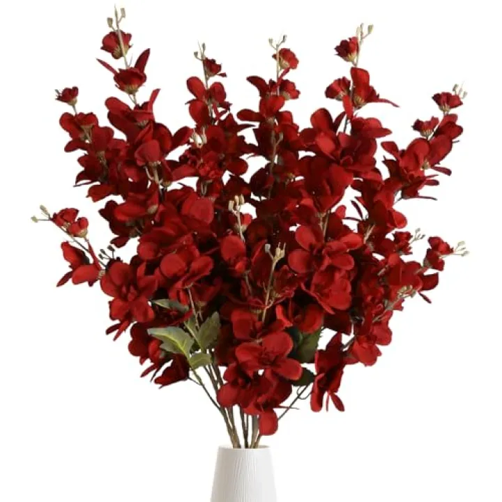 INSUNSIX 6PCS 35.43'' Red Delphinium Artificial Flower Faux Larkspur Silk Flowers Long Stem Blossoms Flowers for Tall Vase Floral Arrangements Home Table Wedding Decor(Red)