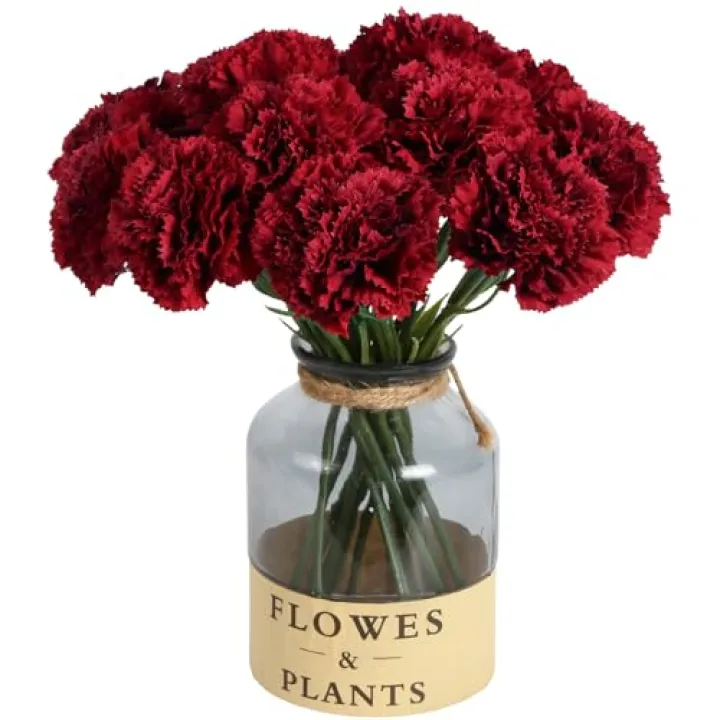 ICBOX Red Carnations Artificial Flowers 15pcs Real Touch Carnation Flowers Silk Flowers with Stems for Wedding Bouquets for Bridal Home Table Centerpieces Floral Arrangements (Red)