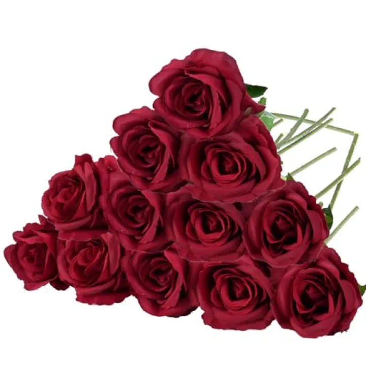 Felice Arts 12 Pack Fake Wine Red Roses Artificial Flowers with Stems Silk Burgundy Rose Bouquet for Valentines Decoration Wedding Bridal Bouquet Vase Table Centerpiece DIY Cake Decor
