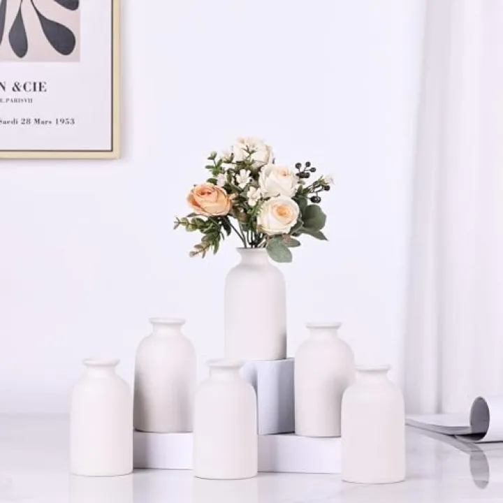 White Bud Vases Set of 6 - Mini White Ceramic Vases for Flowers, Modern Bud Vase for Table Decor, Boho Small Vase for Home Decor, Centerpieces in Bulk for Wedding, Home, Table, Party Decor