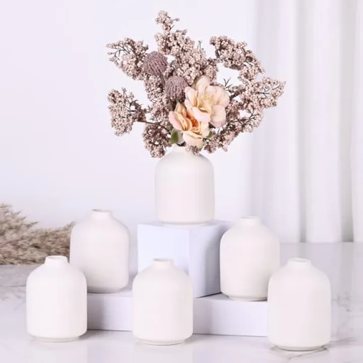 6 Pack Small White Vase, Modern Boho for Dry Flowers, Centerpieces in Bulk, Mini Flower Vases for Wedding Home Table Party Decor