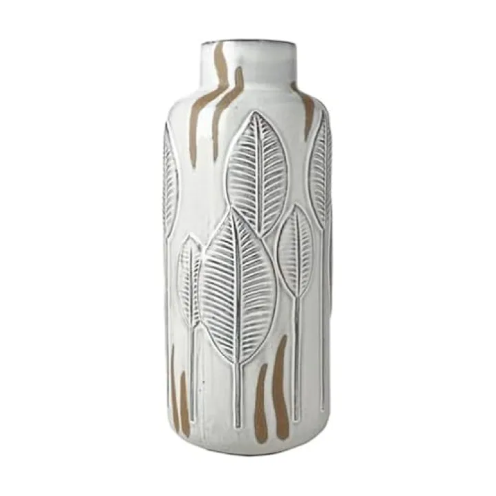 Mikasa Embossed Leaves White and Beige Ceramic Vase, 5.91x5.91x13.78 Inch