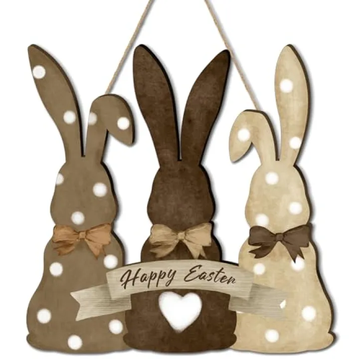 Menkxi Easter Wooden Hanging Sign Bunny Door Hanger Happy Easter Rabbit Wood Hanging Door Sign for Wall Home Indoor Outdoor Spring Decor Supplies,11.8 x 11.8 Inch