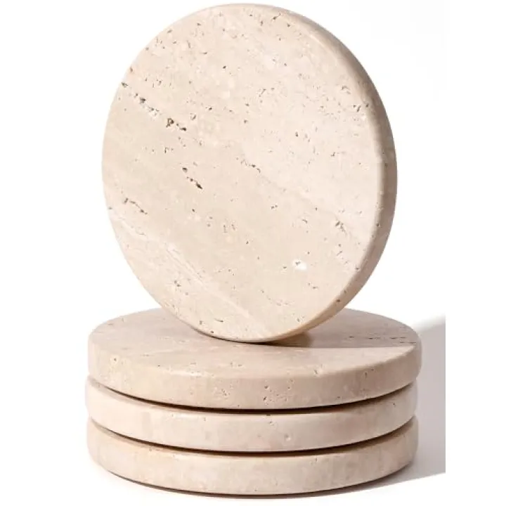 Beige Travertine Coasters Set of 4,Marble Absorbent Coasters 4 '',Ideal for Housewarming Gifts, Anniversaries, Office Decorations - Protects countertops - Sturdy and Durable, Beautiful and Generous