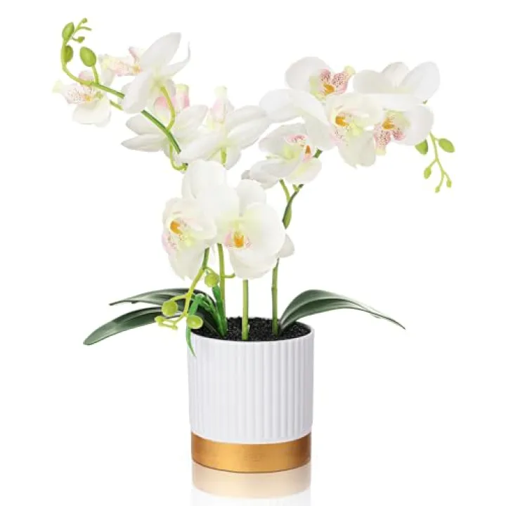 XunYee Orchid Artificial Flowers in Pot 15 Inches Artificial Orchid Flowers Phalaenopsis Potting for Home Office Wedding Bathroom Centerpiece Decor(White)