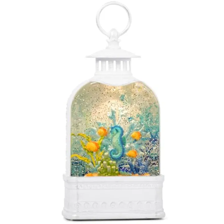 11 Inch Ocean Seahorse Christmas Snow Globes,Light Up Sparkly 6H Timer Lantern Snow Globe Seahorse Sea Nautical Christmas Decoration for Indoor Gifts