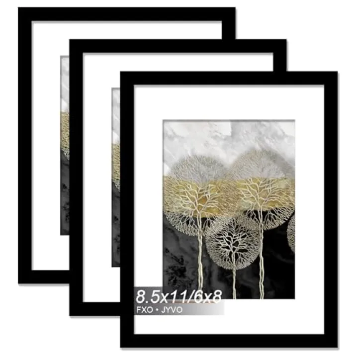 Fxojyvo 8.5x11 Picture Frame Set of 3, Display Photo 6x8 with Mat or 8.5 x 11 Without Mat, Light Weight and High Transparent 8.5 by 11 Frame for Wall - 3 Pack/Black/8.5"x11"