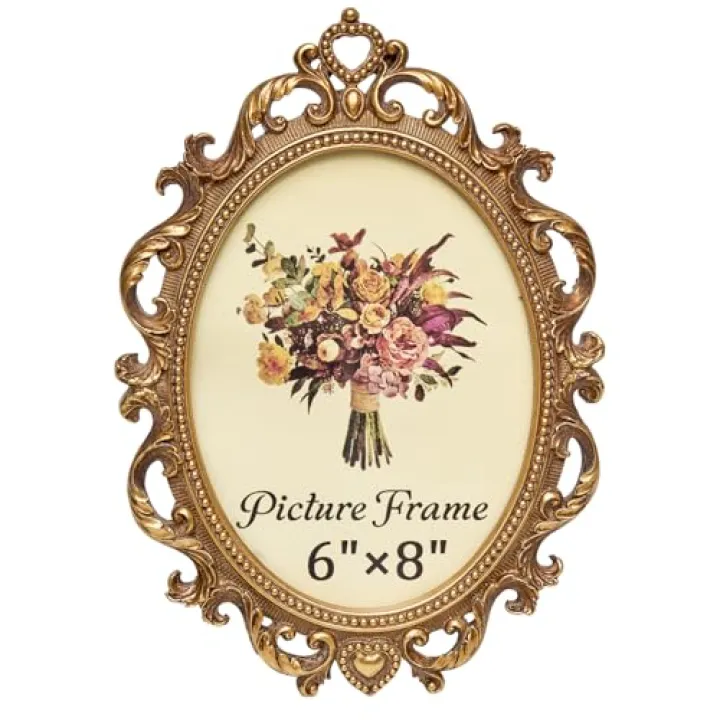JANDERART Vintage Oval Picture Frame 6x8 Inch, Antique Ornate Photo Frames with Glass Front, Scroll Design, Tabletop & Wall Hanging, Photo Display, Gift Ideas, Gold