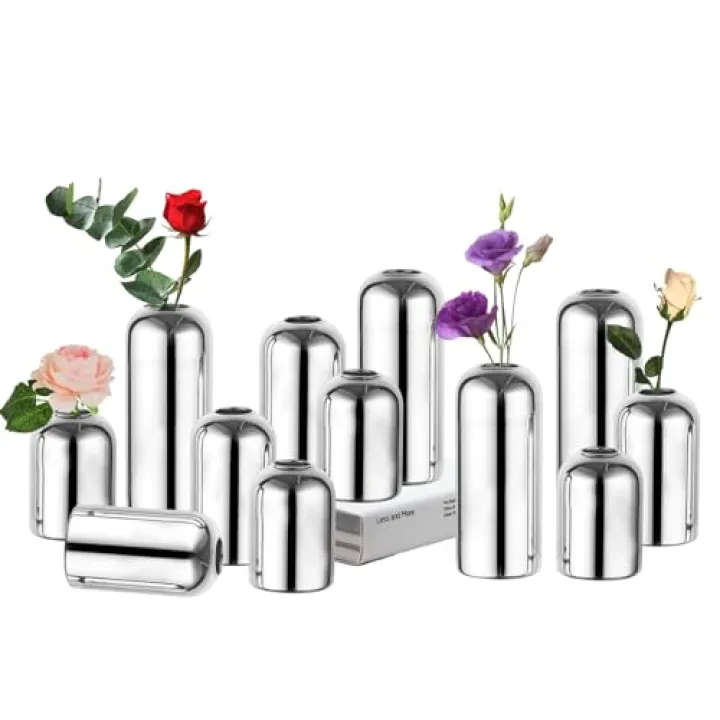 Glass Bud Vases for Centerpieces Silver - Hewory 12pcs Blown Modern Cylinder Small Glass Vases, Mini Bulk Single Flower Vase for Wedding Party Event Home Decor Floral Arrangement (Not Include Flowers)